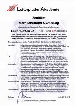 Kopie Zertifikat Leiterplattenakademie Seminar Leiterplatten 31 - Kfz- und eMobilitt