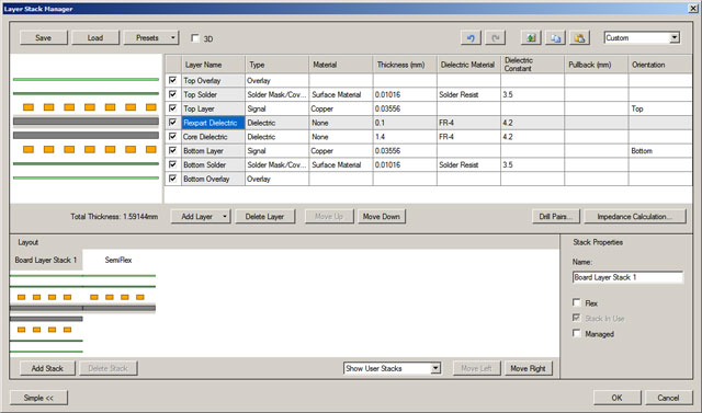 Altium Designer, Bildschirmcopy des Layer Stack Manager